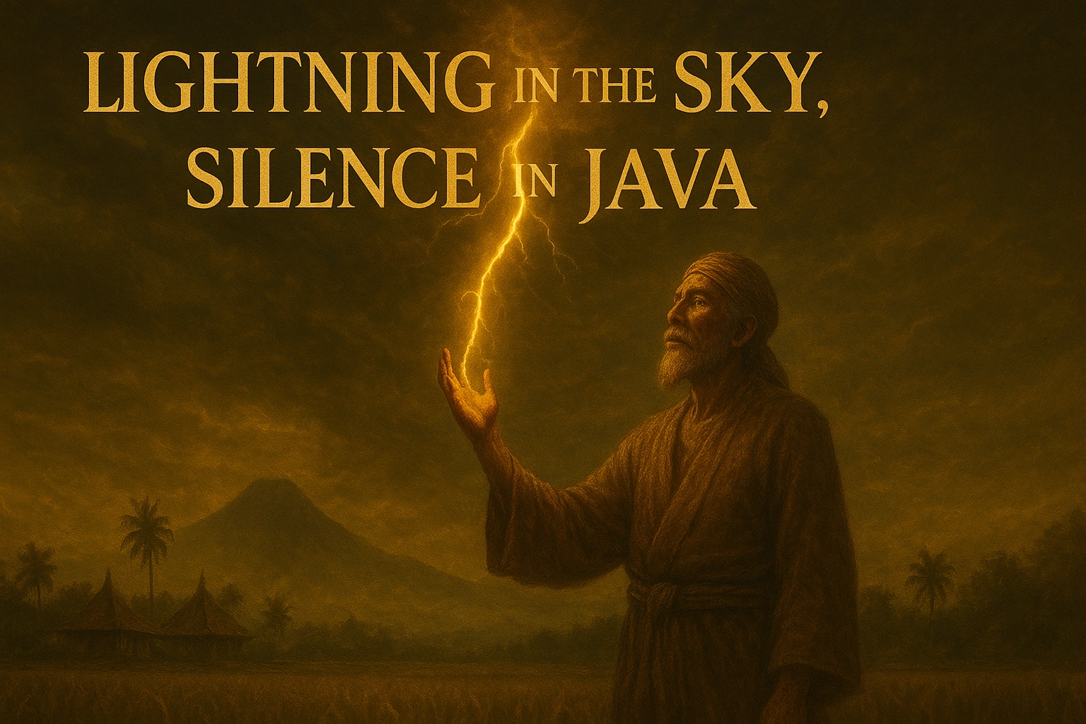 Stormy sky with lightning over Javanese rice fields, an old Javanese man gazing upward, with the text 'lightning in the sky, silence in Java' at the bottom.