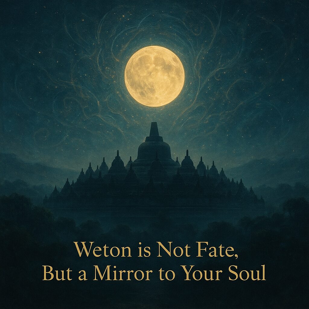 Mystical Javanese night sky above Borobudur with glowing moon, cosmic patterns, and golden text ‘Weton is Not Fate, But a Mirror to Your Soul