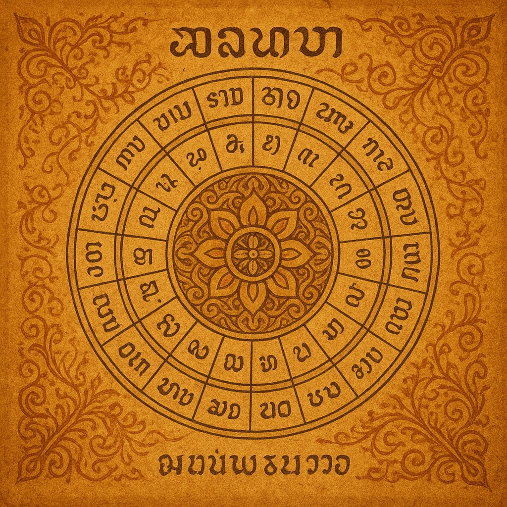 Ancient Javanese Pawukon manuscript with traditional symbols and batik background.