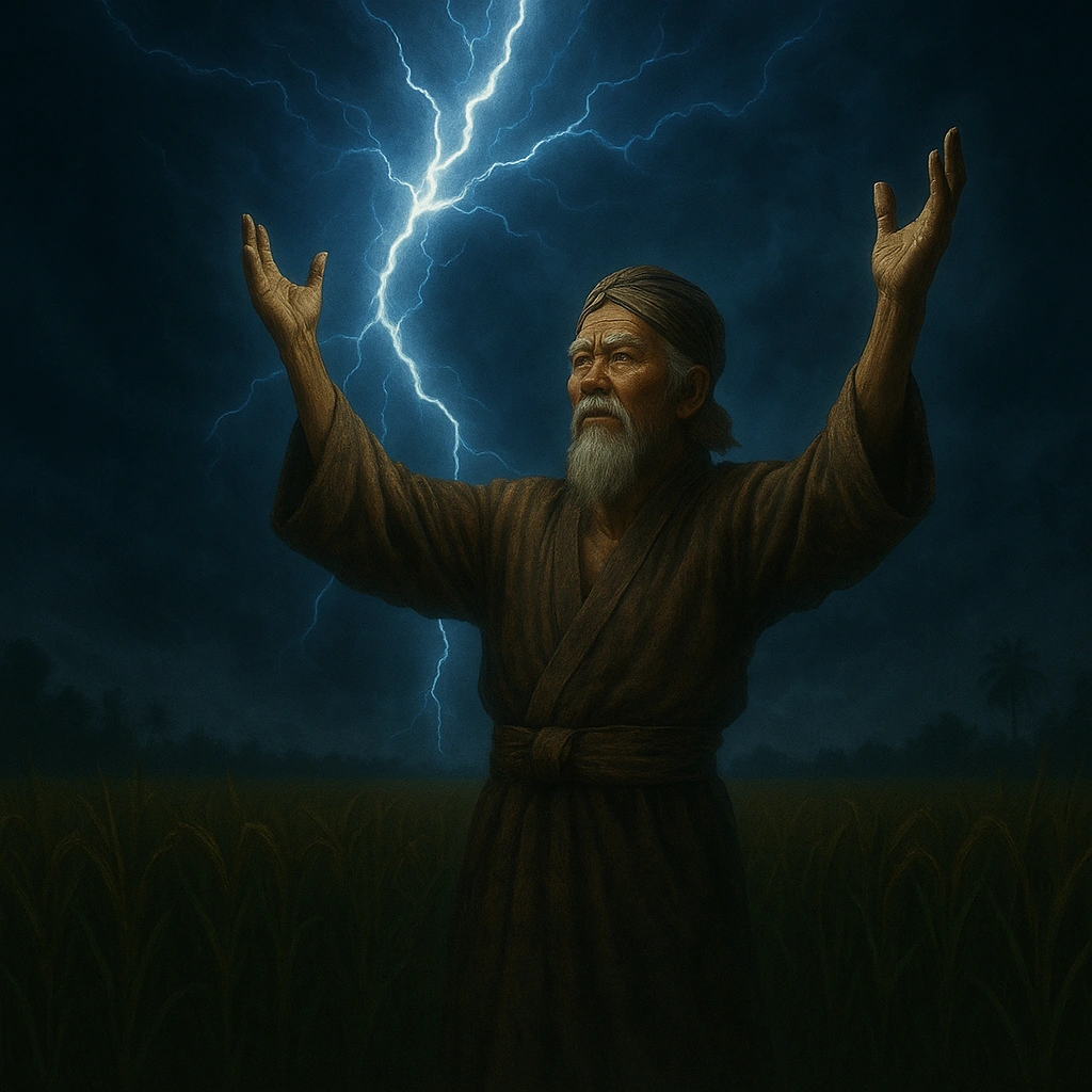 Ky Ageng Sela catching lightning with his bare hands in a rice field according to Javanese legend