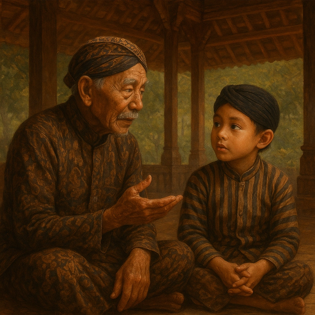 Elderly Javanese man sharing wisdom with grandchild in a pendopo