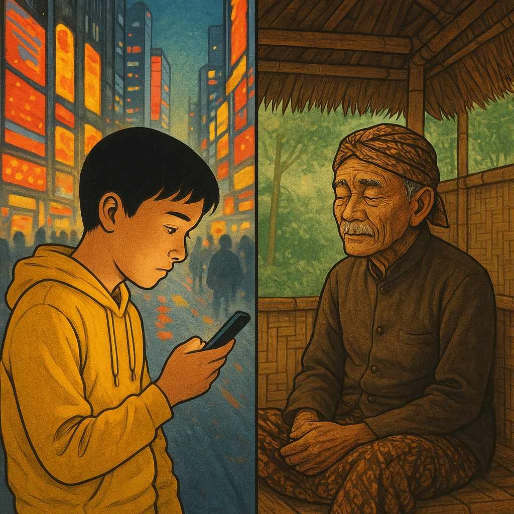 Contrast between modern youth with smartphone and elder in silence