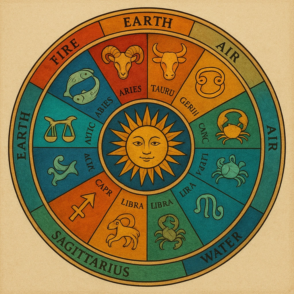Zodiac wheel with 12 astrological signs and four elements Zodiac wheel with 12 astrological signs and four elements