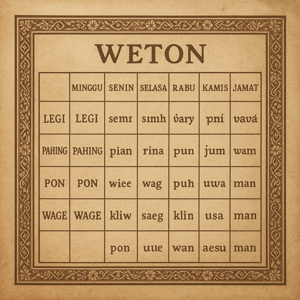 Javanese weton calendar chart showing 7-day and 5-day cycle Javanese weton calendar chart showing 7-day and 5-day cycle