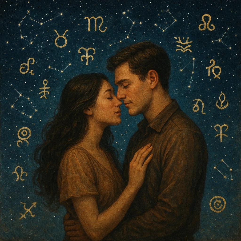 Couple under night sky with zodiac and Javanese weton symbols Couple under night sky with zodiac and Javanese weton symbols