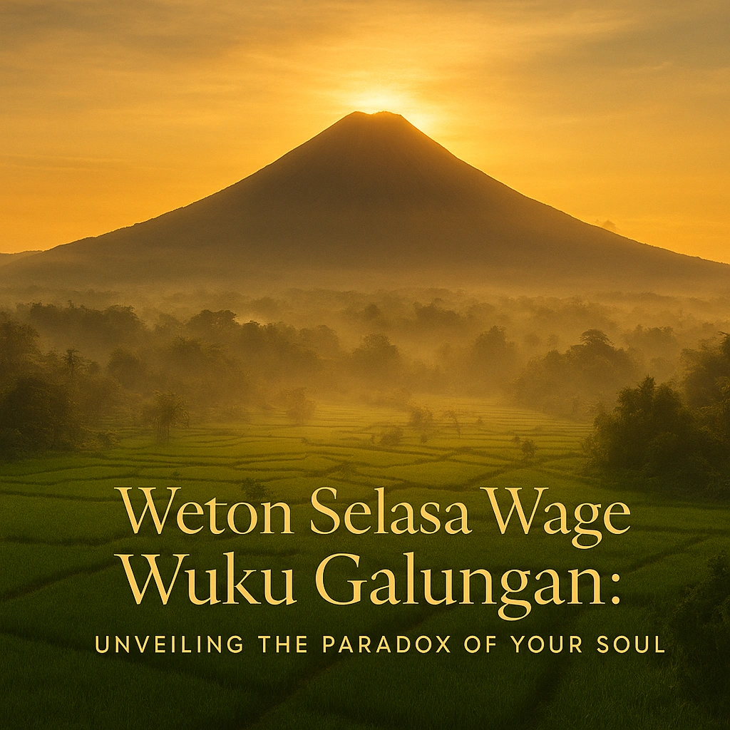 Realistic photo-style of a mystical Javanese volcano at sunrise with fertile green fields, golden mist, and elegant title text “Weton Selasa Wage Wuku Galungan: Unveiling the Paradox of Your Soul” placed at the bottom without covering the main scene.