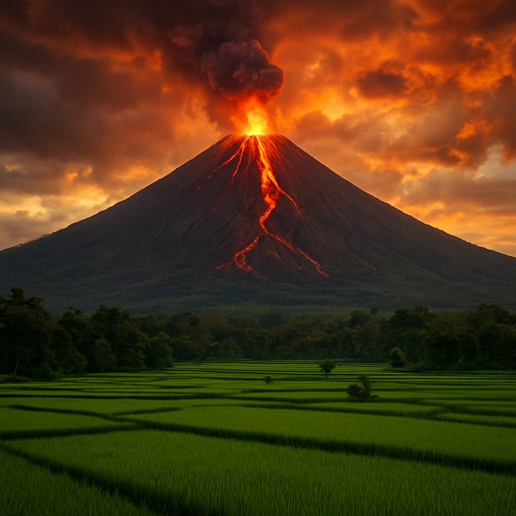 Javanese symbolic illustration of fire and earth energies creating a volcano of destiny.