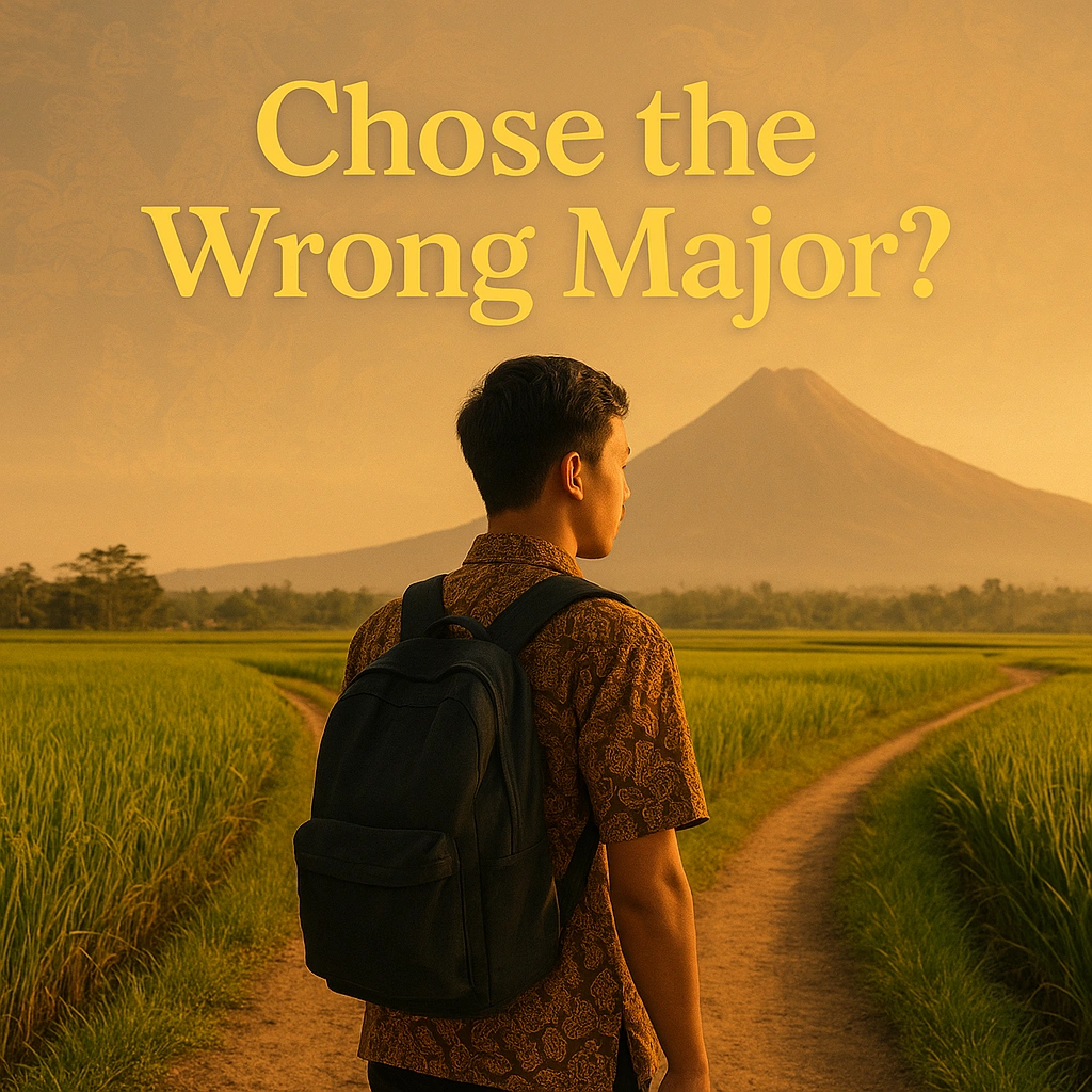 A young Javanese student in batik with a backpack standing at a crossroads in rice fields with Mount Merapi in the background, golden sunlight, with text 'Chose the Wrong Major?' above