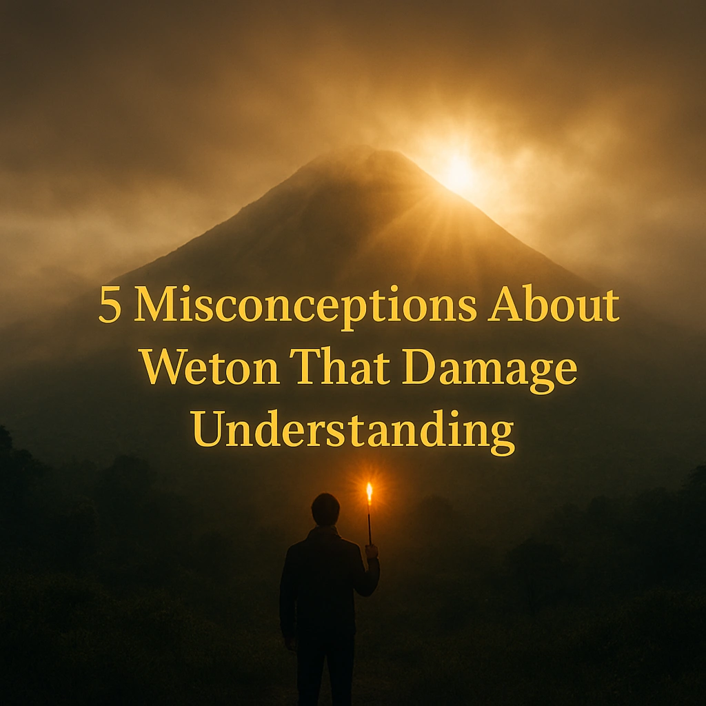 Realistic photo thumbnail of a misty Javanese mountain with a silhouette holding a torch, golden bold text in the center reading ‘5 Misconceptions About Weton That Damage Understanding’