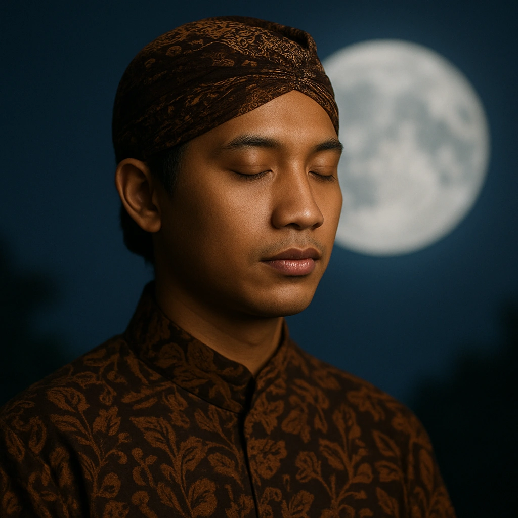 Portrait of a Javanese person with a calm aura under moonlight, representing Lakuning Rembulan character of Jumat Kliwon.