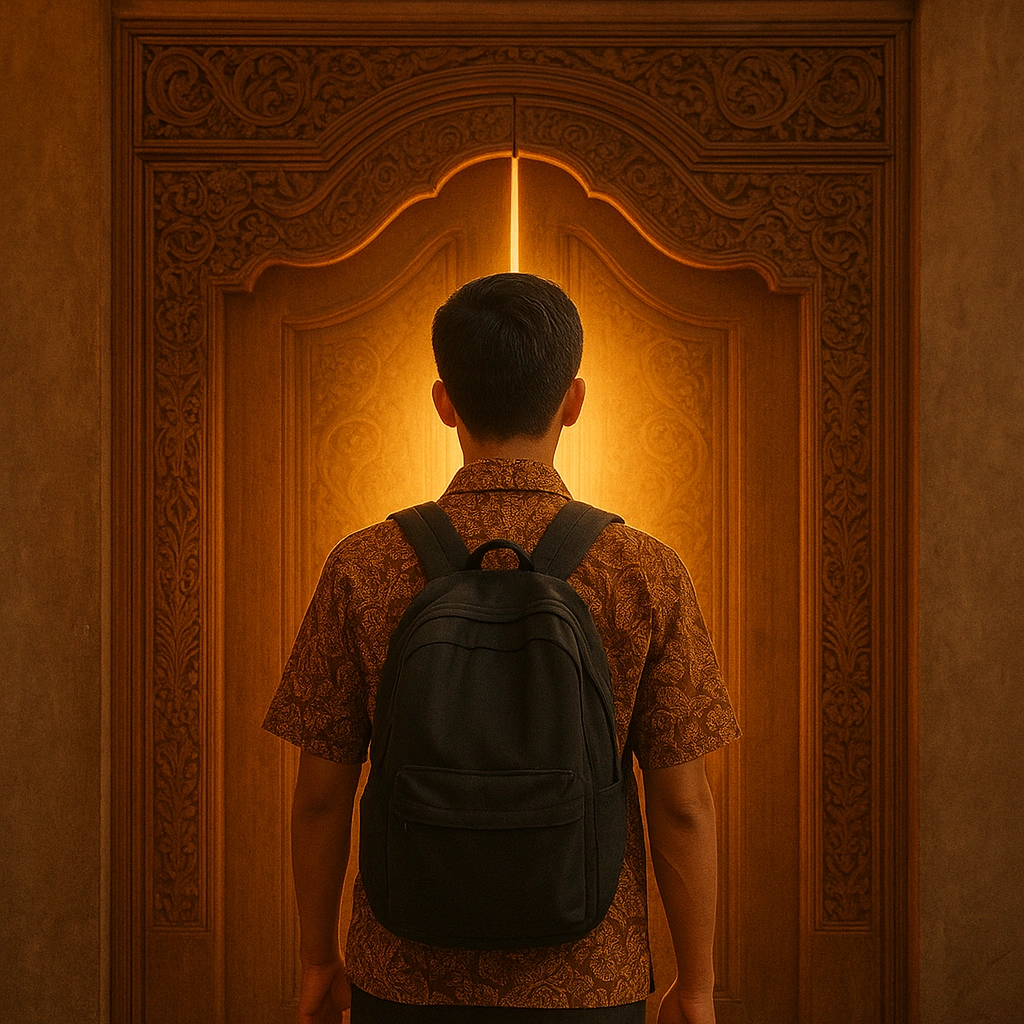 A Javanese youth opening the symbolic Door of Rezeki to find their true path.