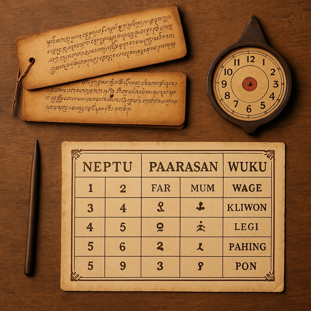 Javanese manuscripts and traditional calculation tools representing the four elements of Weton character.