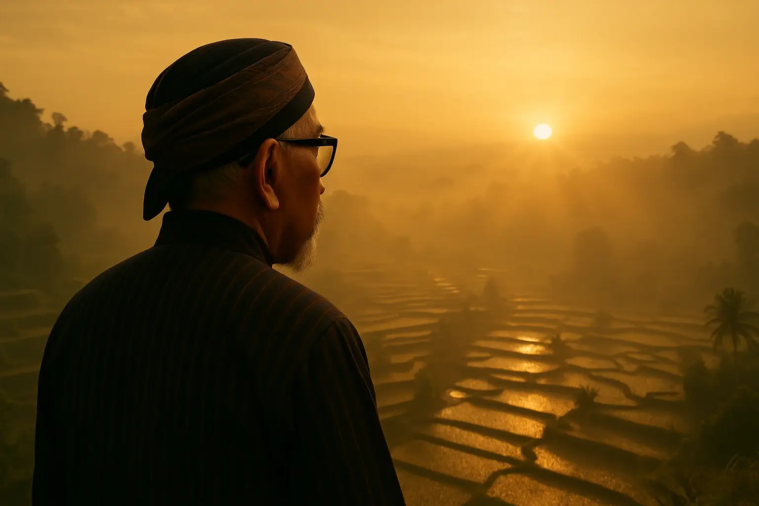 Sosok simbolis Ky Tutur, pemandu bijaksana En Kaweruhjawa, sedang menatap cakrawala sebagai lambang perjalanan mengenal diri.