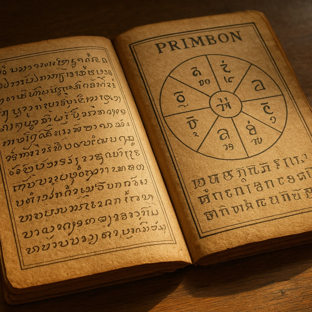 Old Javanese manuscript with calendar symbols on a wooden table.