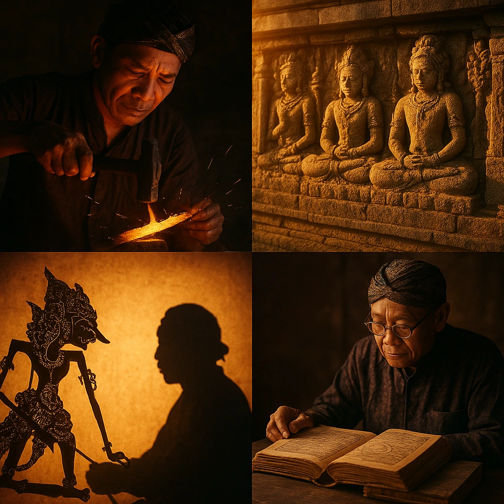 Keris master, Borobudur temple, wayang kulit puppeteer, and primbon expert.