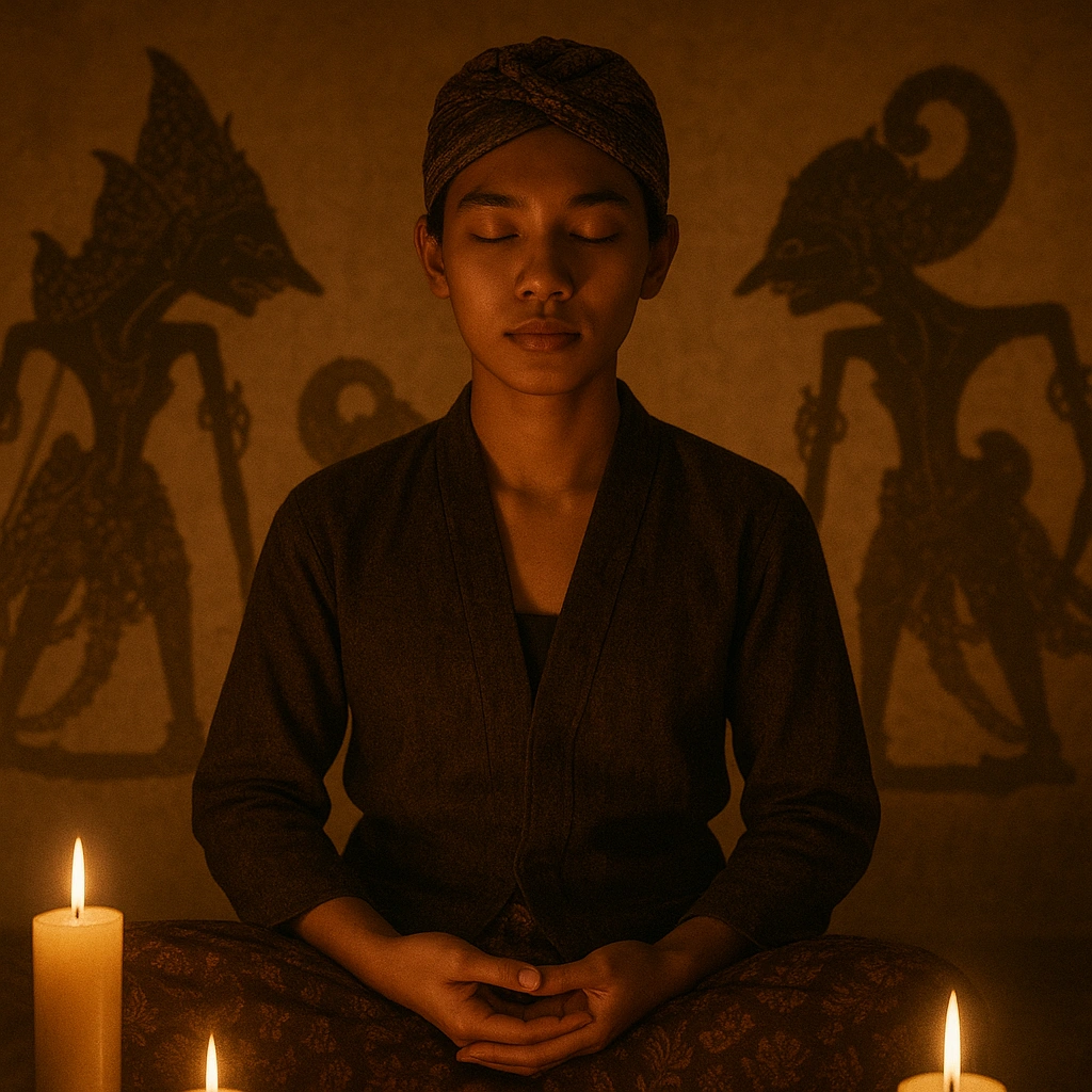 Javanese person meditating with wayang kulit shadows and candlelight