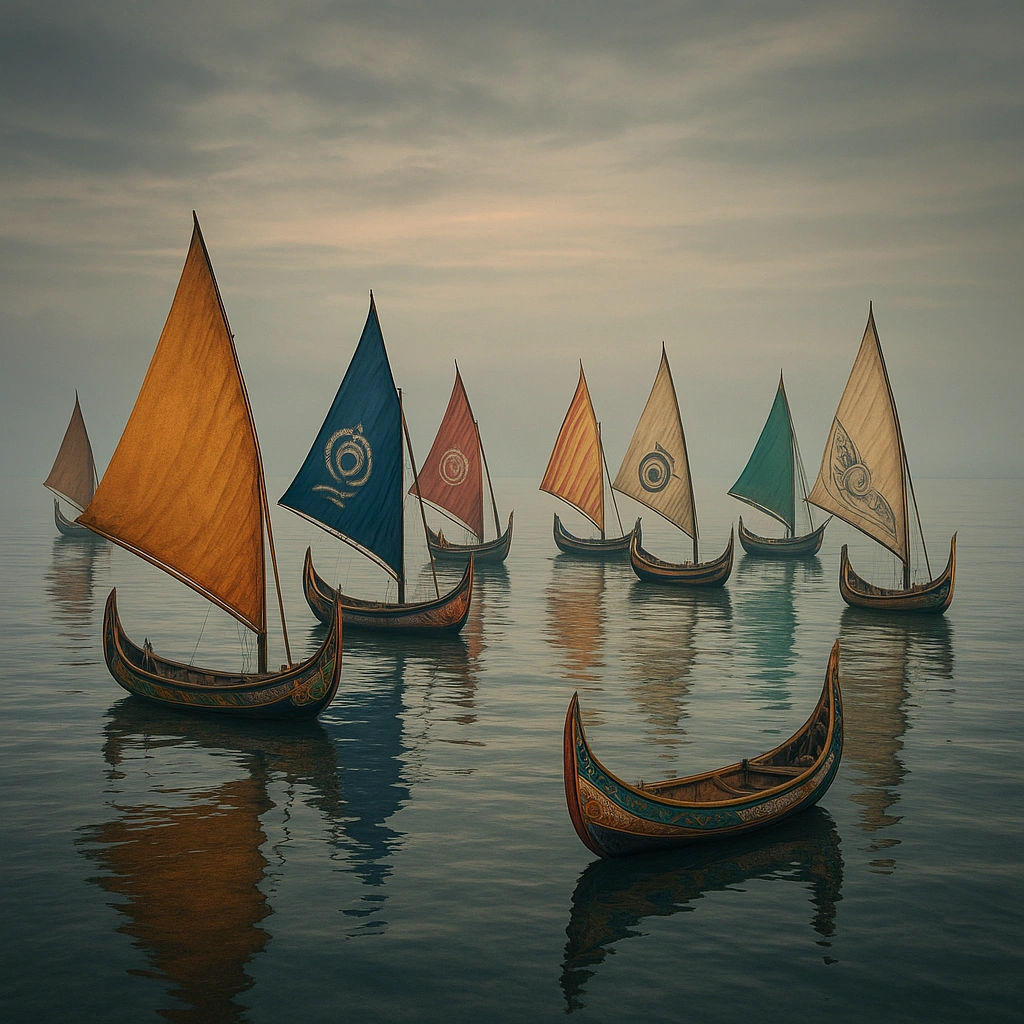 Eight symbolic boats representing the destiny vessels in Weton Jodoh compatibility.