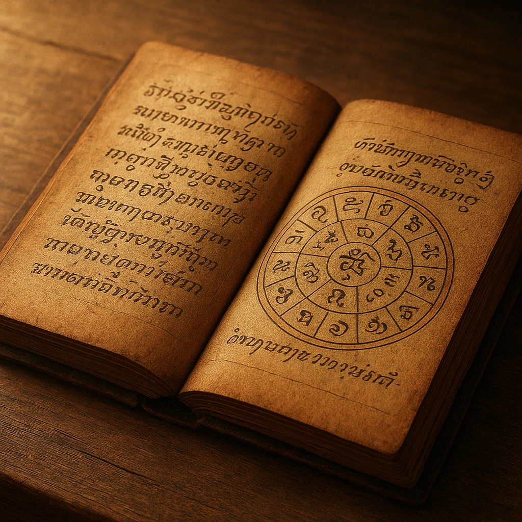 Old Javanese Primbon manuscript with calendar symbols and sunlight