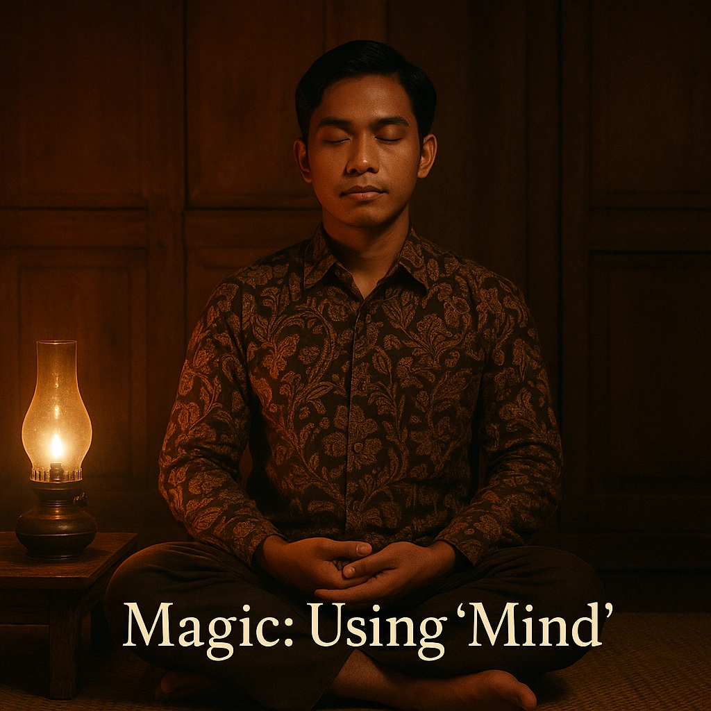 Javanese man meditating in a traditional wooden room with warm lighting, wearing a batik shirt, accompanied by the text “Magic: Using ‘Mind’”.