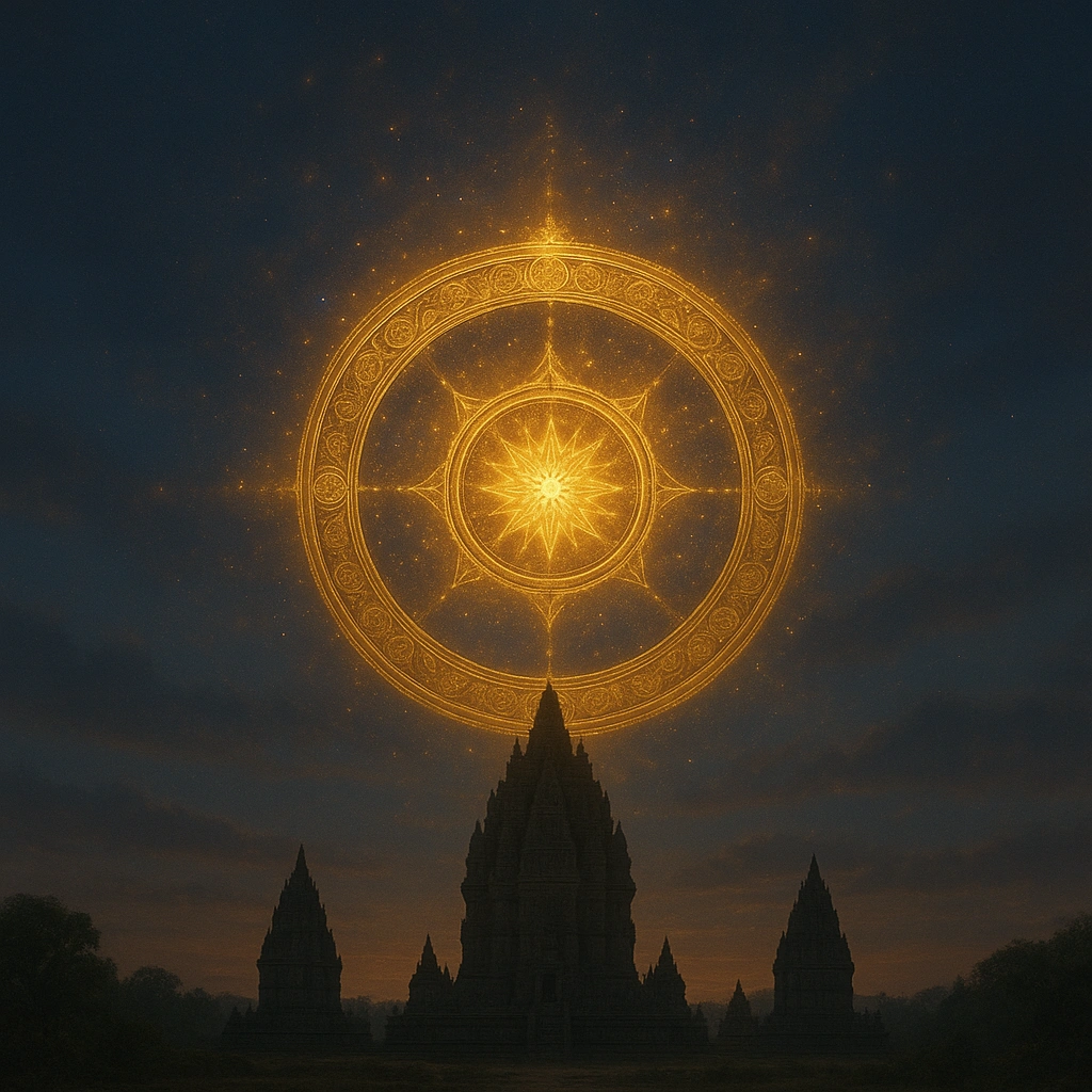 Golden Cakra glowing above Prambanan temple symbolizing divine destiny in Javanese tradition.