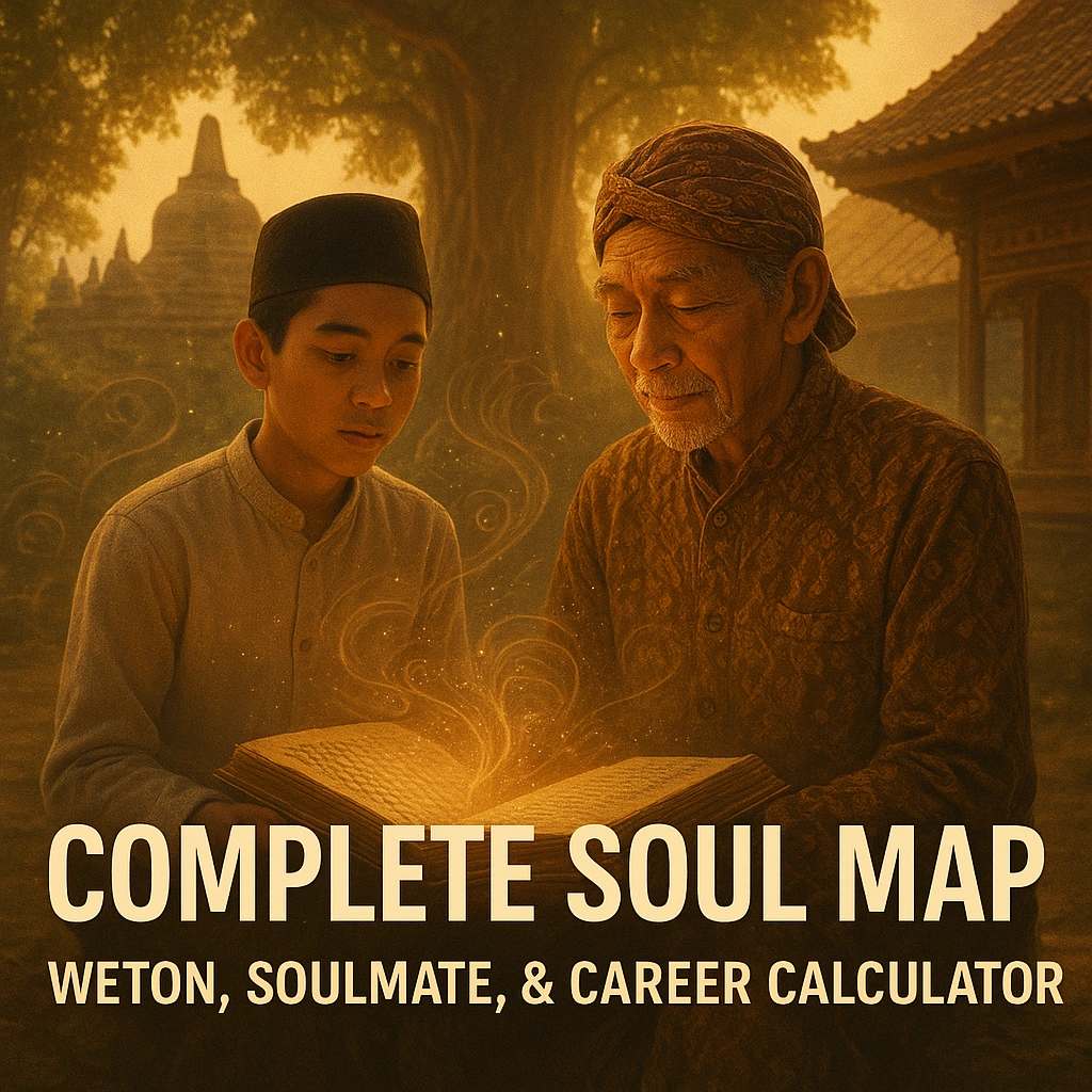 Javanese-inspired thumbnail illustrating Weton, soulmate compatibility, and career guidance with text overlay.