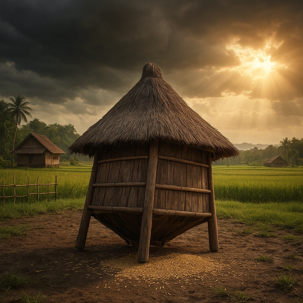 Overturned Javanese rice granary symbolizing the philosophy of falling and resilience in Wuku Kurantil.
