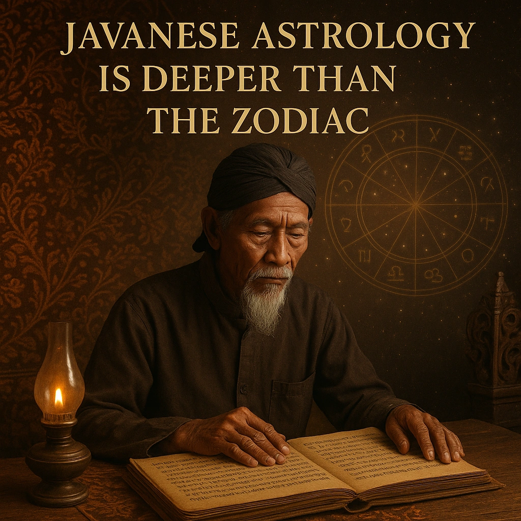 "Realistic photo-style thumbnail of a Javanese astrologer with ancient manuscripts, batik patterns, and cosmic zodiac elements in the background, with text 'Javanese Astrology is Deeper than the Zodiac' in golden font, Javanese cultural atmosphere."