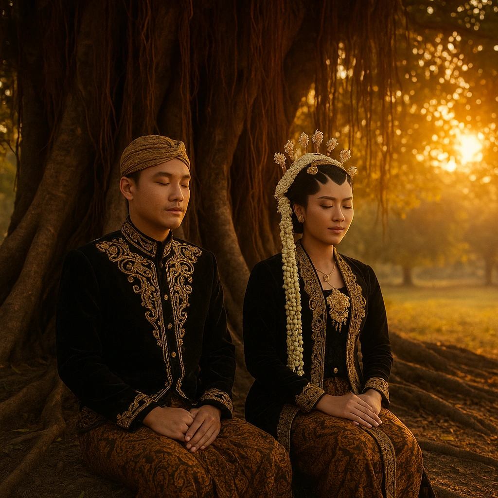 Javanese couple in traditional attire under a Banyan tree symbolizing love and harmony.