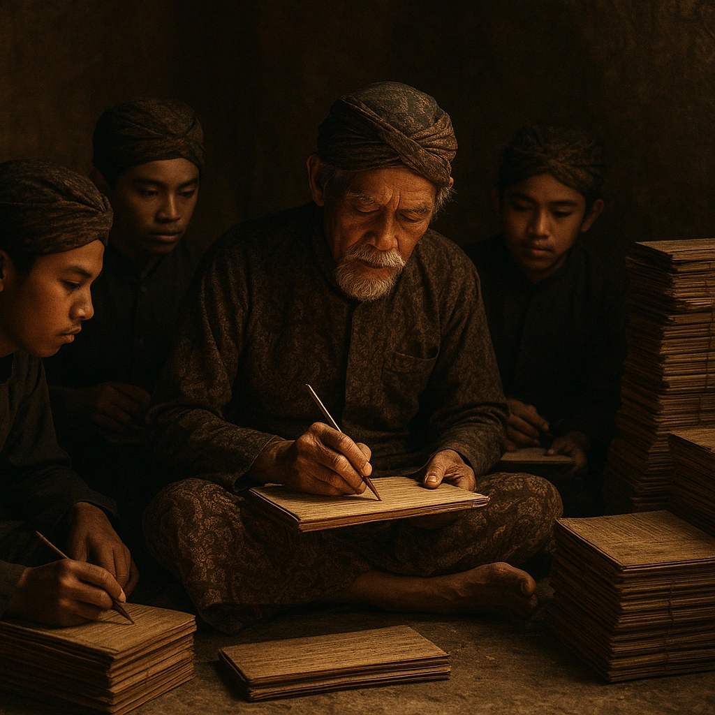 Javanese sage recording knowledge on palm-leaf manuscripts symbolizing ancestral Big Data