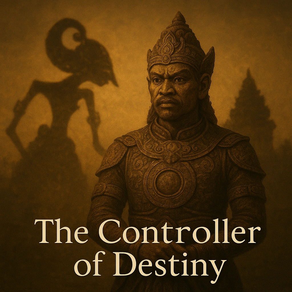 Javanese mystical guardian symbolizing destiny control, with text The Controller of Destiny in elegant style