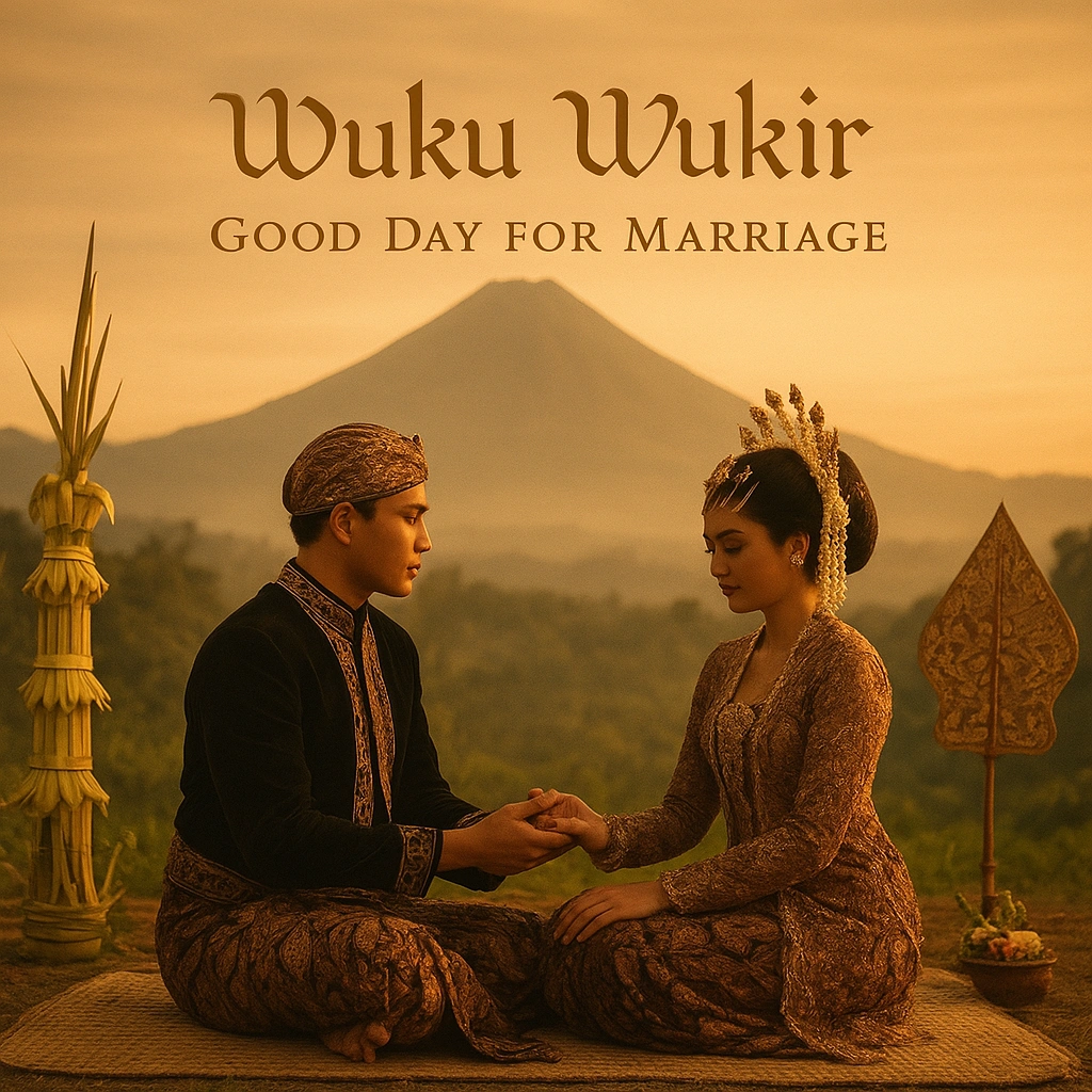 Thumbnail of Javanese wedding with mountain backdrop and text 'Wuku Wukir Good Day for Marriage