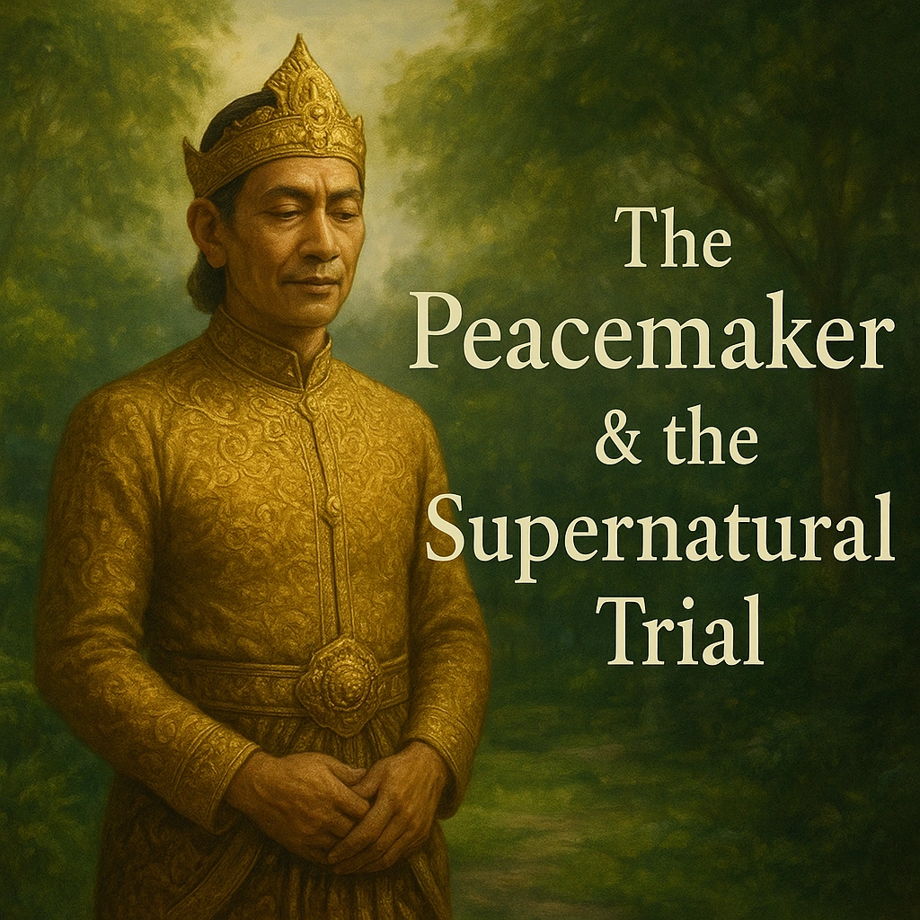 Text: Javanese noble symbolizing Wuku Julungpujud with text “The Peacemaker & the Supernatural Trial” in traditional style