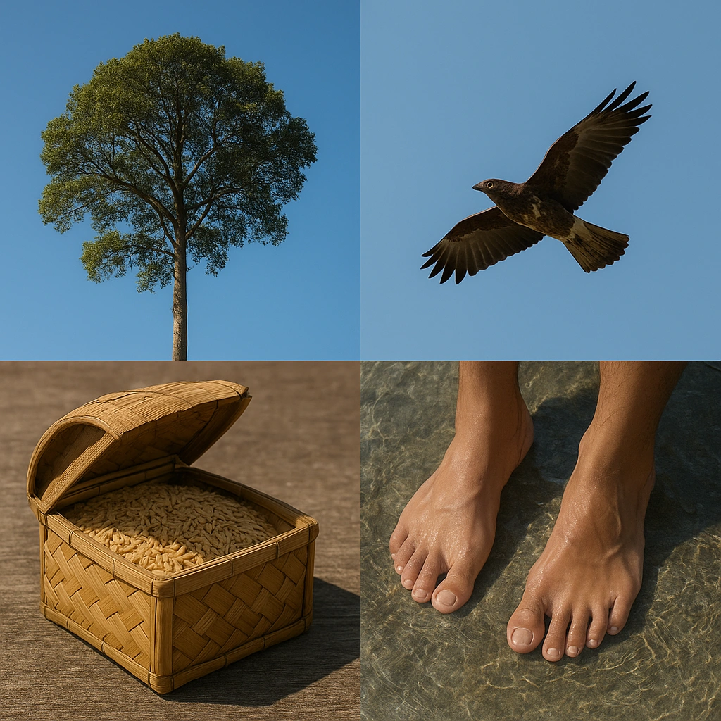 Symbols of Wuku Landep: tree of strength, precise bird, open granary, and feet soaking in water.