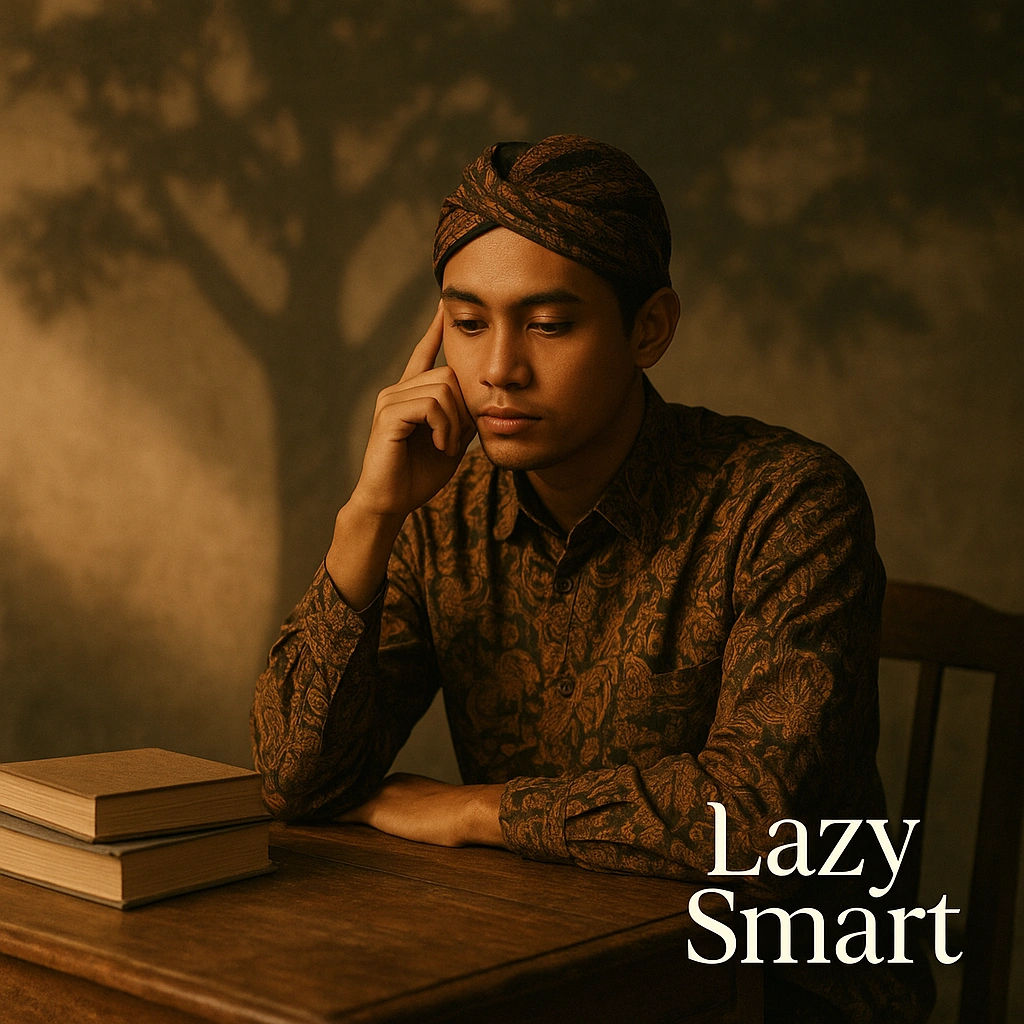 Thumbnail of a Javanese young man in batik with books and tree shadow, symbolizing the paradox of Lazy Smart in Wuku Manahil.