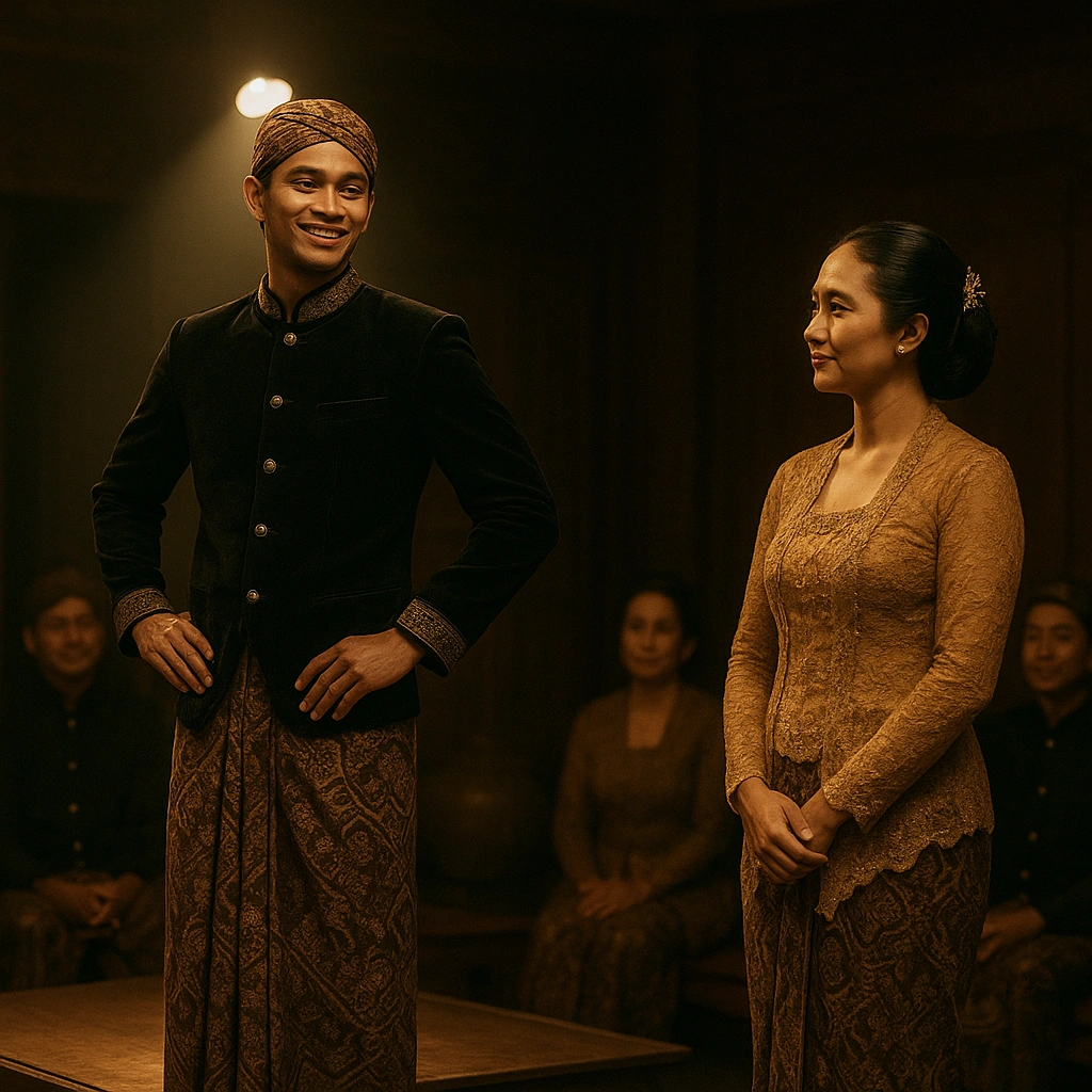 Javanese couple symbolizing Wuku Marakeh love life—one shines on stage, the other offers mature support. Javanese couple symbolizing Wuku Marakeh love life—one shines on stage, the other offers mature support.