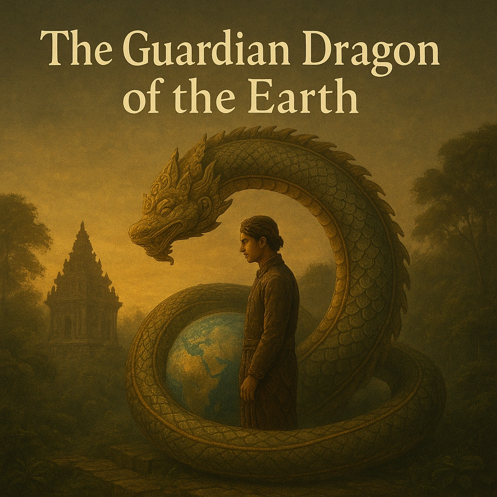 Realistic thumbnail of Bethara Basuki, the guardian dragon encircling the earth in Javanese mystical style with text “The Guardian Dragon of the Earth”