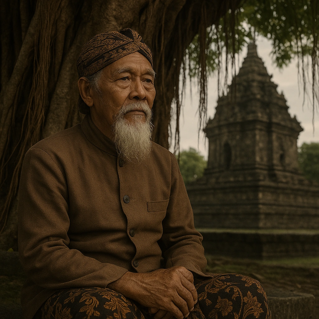 Realistic photo of a Javanese sage in traditional attire meditating under a banyan tree near a temple, symbol of Bethara Maharesi.