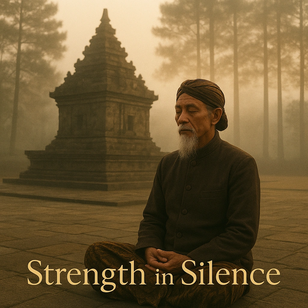 A realistic photo-style thumbnail with Javanese nuance. Depict a calm ancient Javanese temple courtyard at dawn, surrounded by pine trees and soft mist. In the foreground, a Javanese sage in traditional attire sits in meditation, symbolizing silent wisdom and authority. Subtle golden text “Strength in Silence” is placed neatly at the bottom corner, without covering the main subject or objects.
