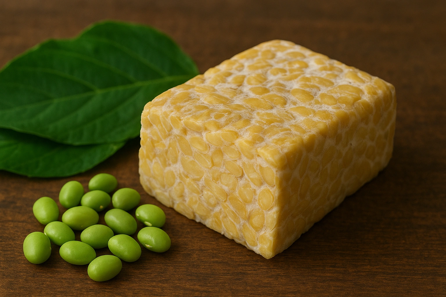 Tempeh block with fresh soybeans and Javanese leaves, representing the tempeh origin in Java, Indonesia, highlighting its traditional fermentation process and cultural heritage.