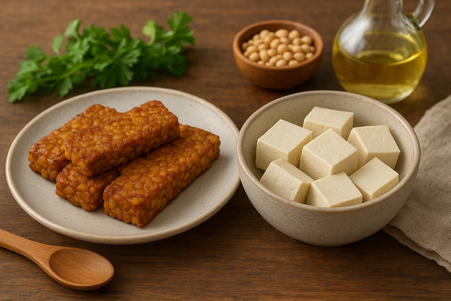 Comparison of tempeh vs tofu in a kitchen setting, showing crispy golden tempeh on one side and smooth tofu cubes on the other, with fresh herbs, soybeans, and cooking tools in the background.