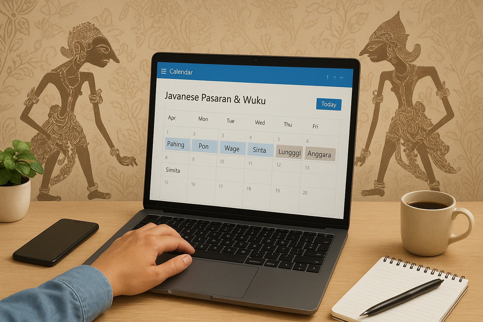 A digital workspace showing a calendar app with Javanese Pasaran and Wuku cycles, surrounded by subtle Javanese cultural motifs like batik patterns and wayang figures, representing the integration of traditional Javanese timekeeping into modern professional tools.
