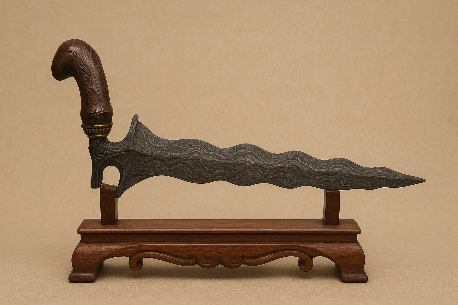 A Javanese Keris with a wavy blade and carved hilt displayed on a wooden stand, highlighting its intricate pamor patterns and representing its spiritual and cultural meaning.