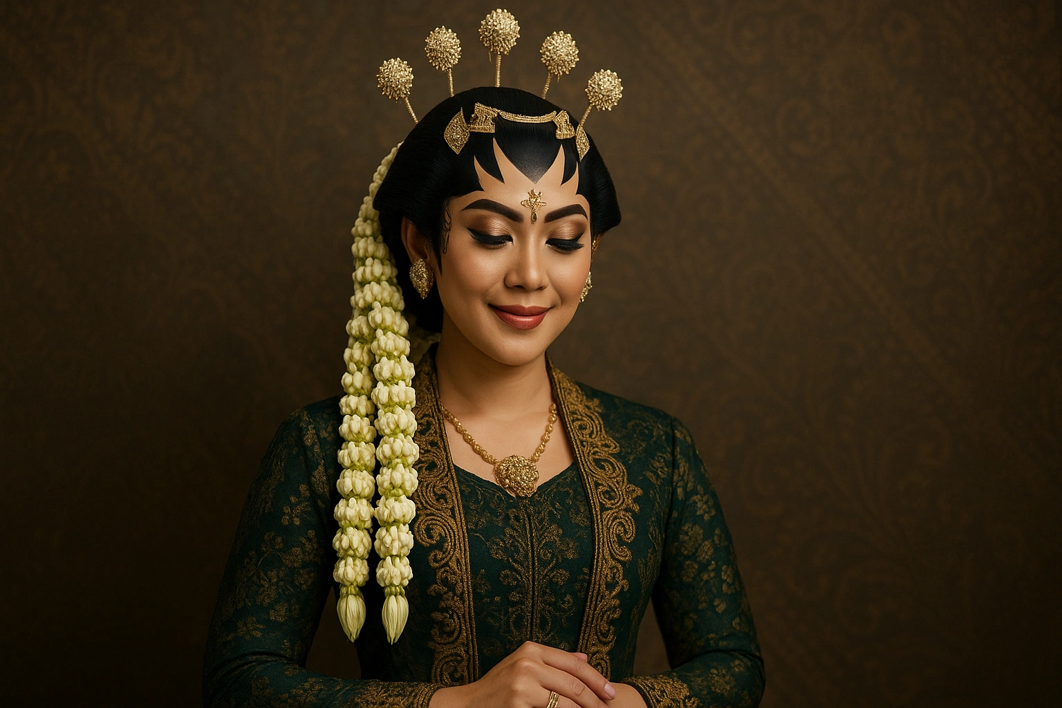 A Javanese bride adorned in an elegant Kebaya, intricate Paes makeup on her forehead, and traditional jewelry