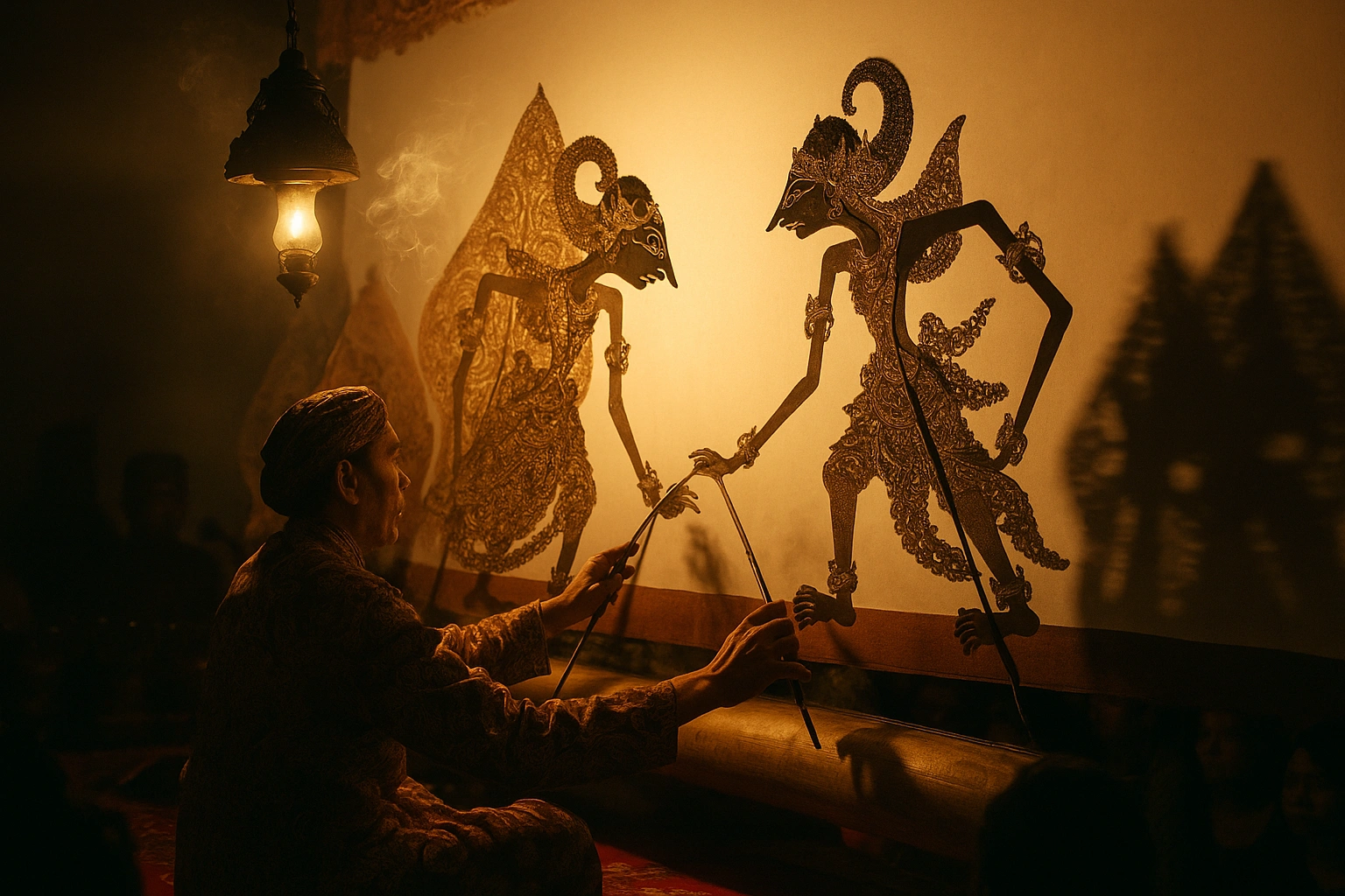 A Wayang Kulit shadow puppet performance in action, with the dhalang manipulating the puppets behind a screen.