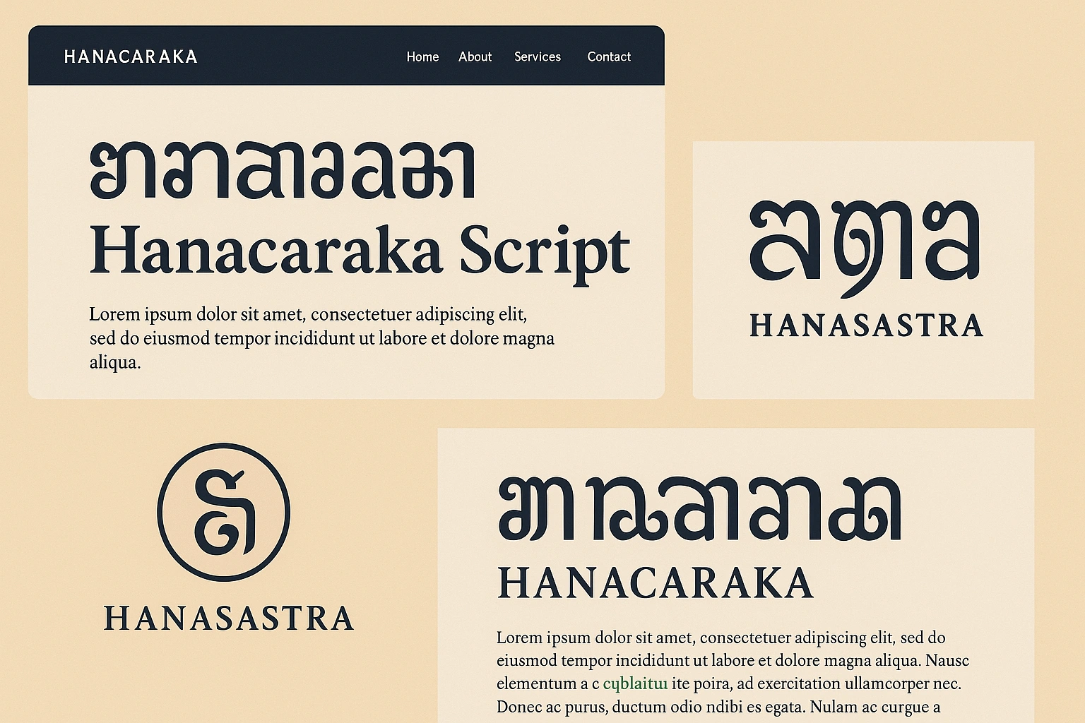 A beautiful montage of modern design applications using the Javanese Hanacaraka script, including a website header, a logo, and a print layout.