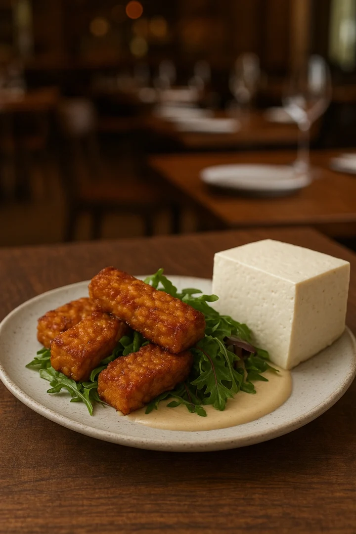 A beautifully plated modern dish featuring crispy tempeh in a Western style restaurant, illustrating its global journey.