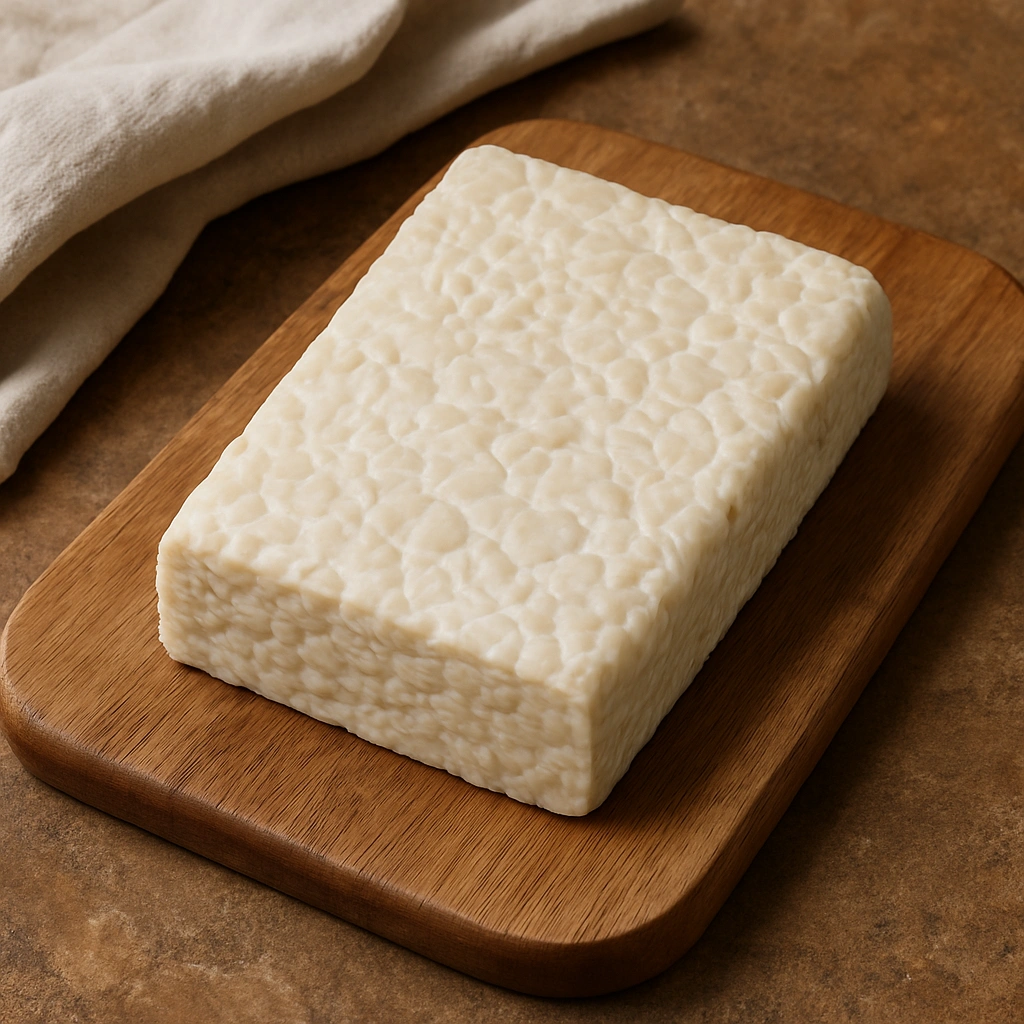 A block of tempeh that has been steamed and patted dry, ready to be sliced and marinated.