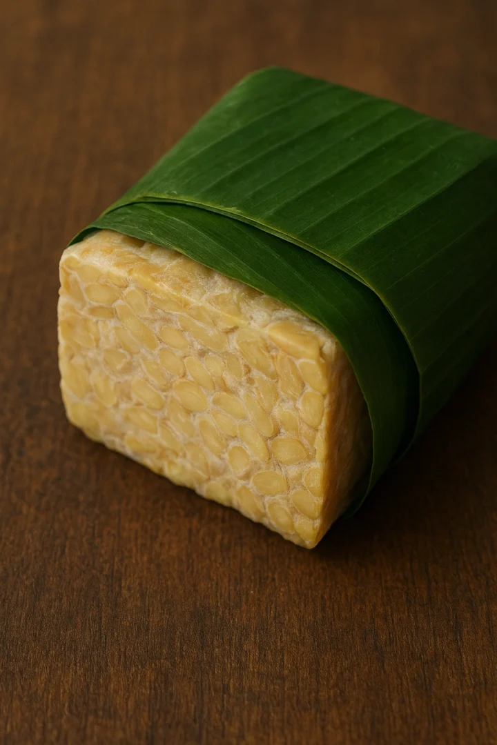 A block of traditional tempeh origin, fresh tempeh wrapped in a banana leaf, showing the dense white mycelium binding the soybeans.