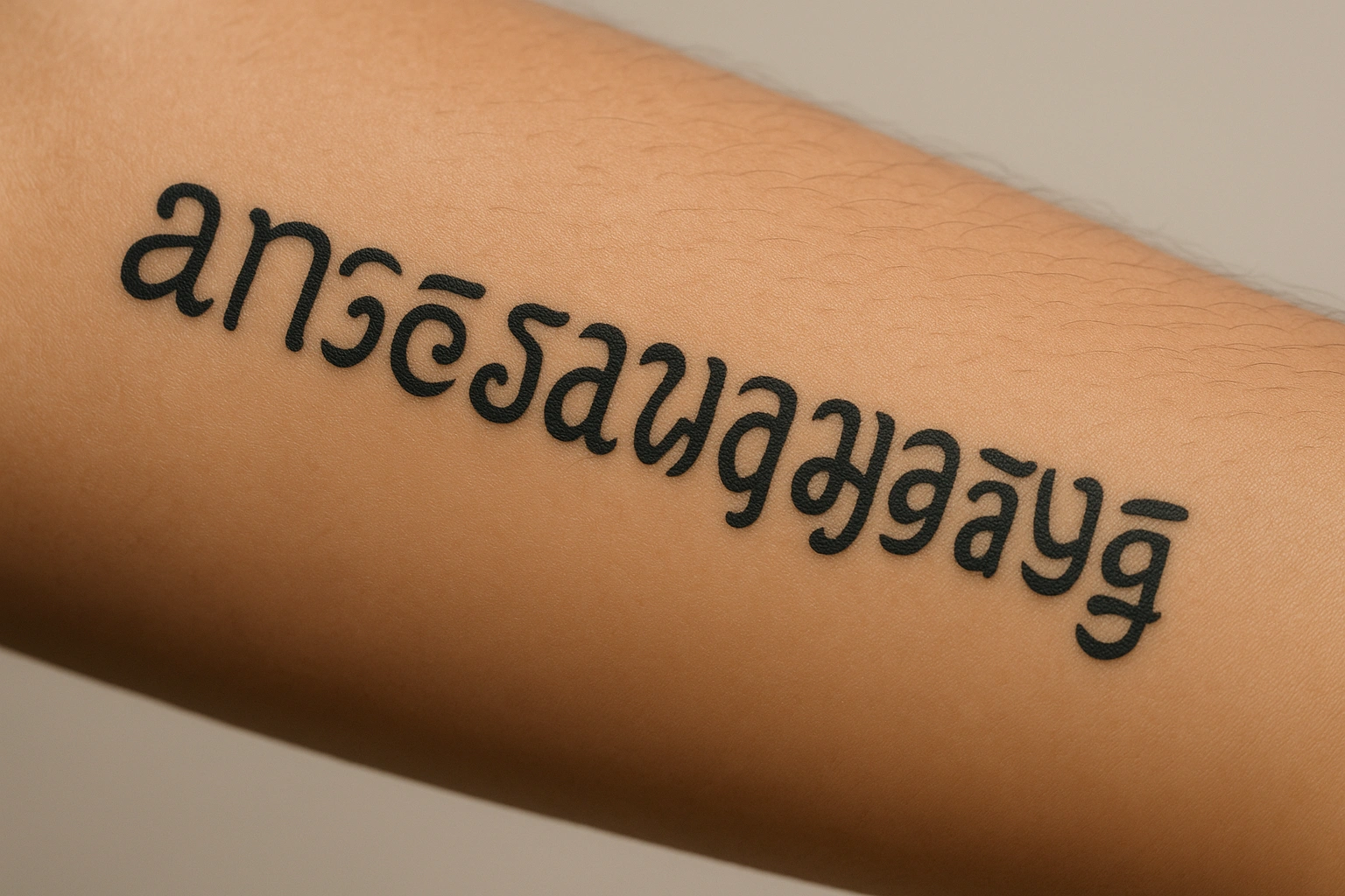 A close up of a beautiful and correctly spelled Javanese Hanacaraka script tattoo on a person's arm.