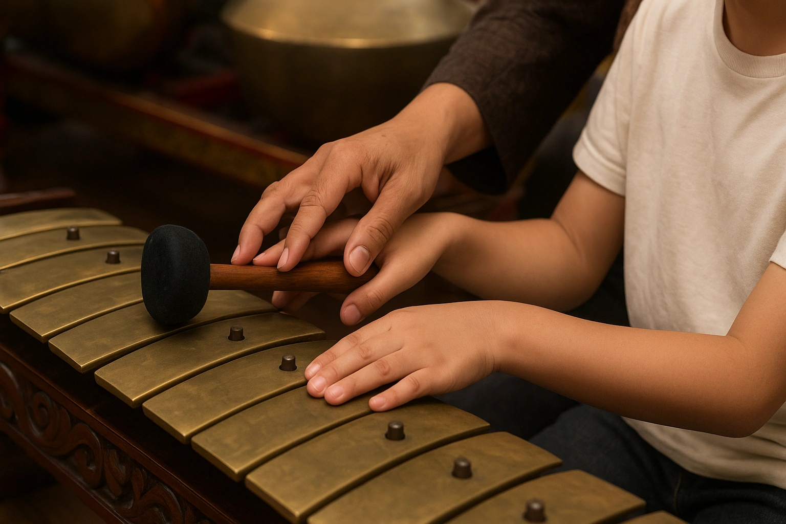 A close up of a teacher guiding a beginner's hands on a gamelan instrument during a rehearsal.
